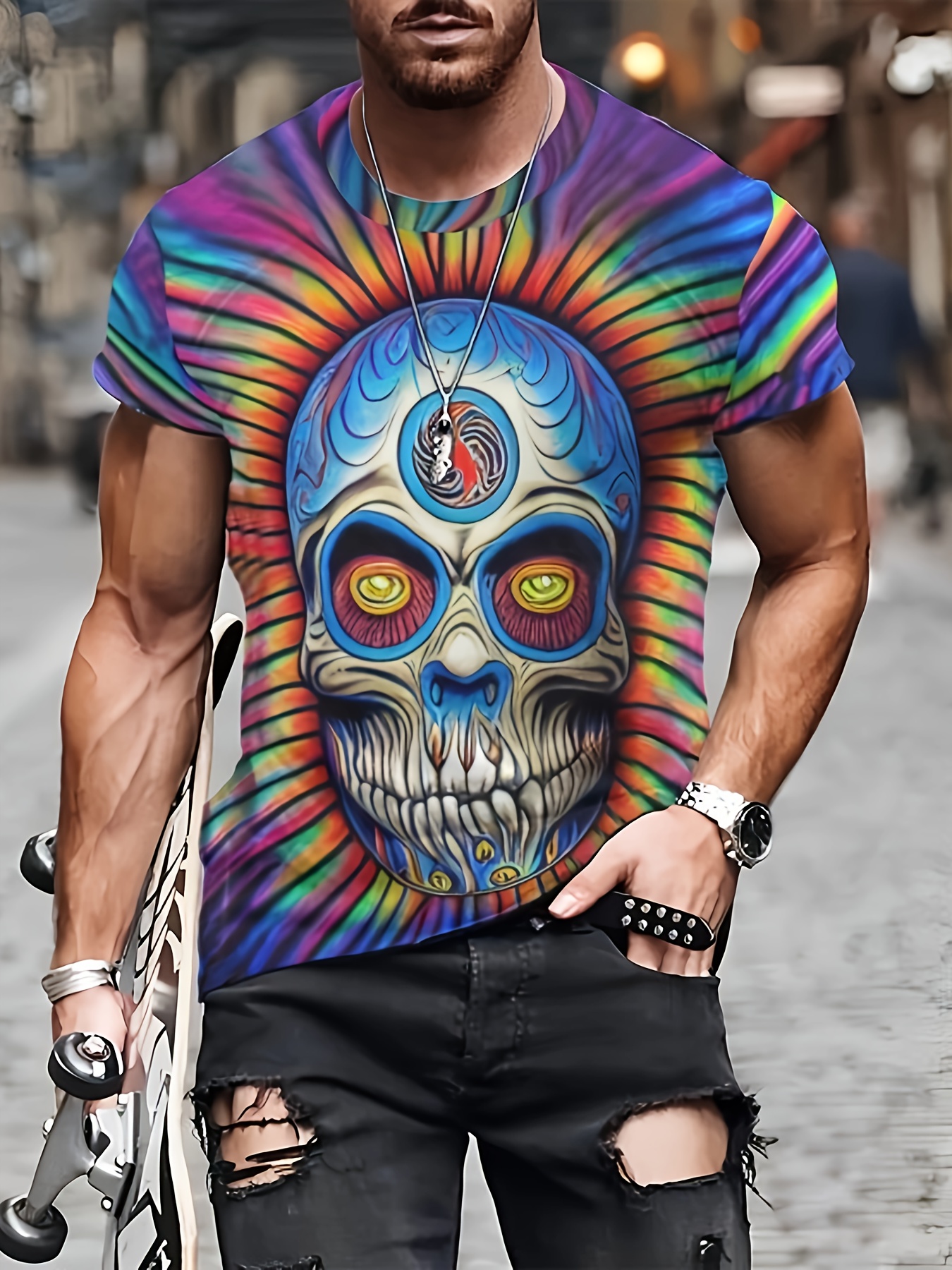 Camiseta Patrón Calavera Camiseta Cuello Redondo Elástica - Temu