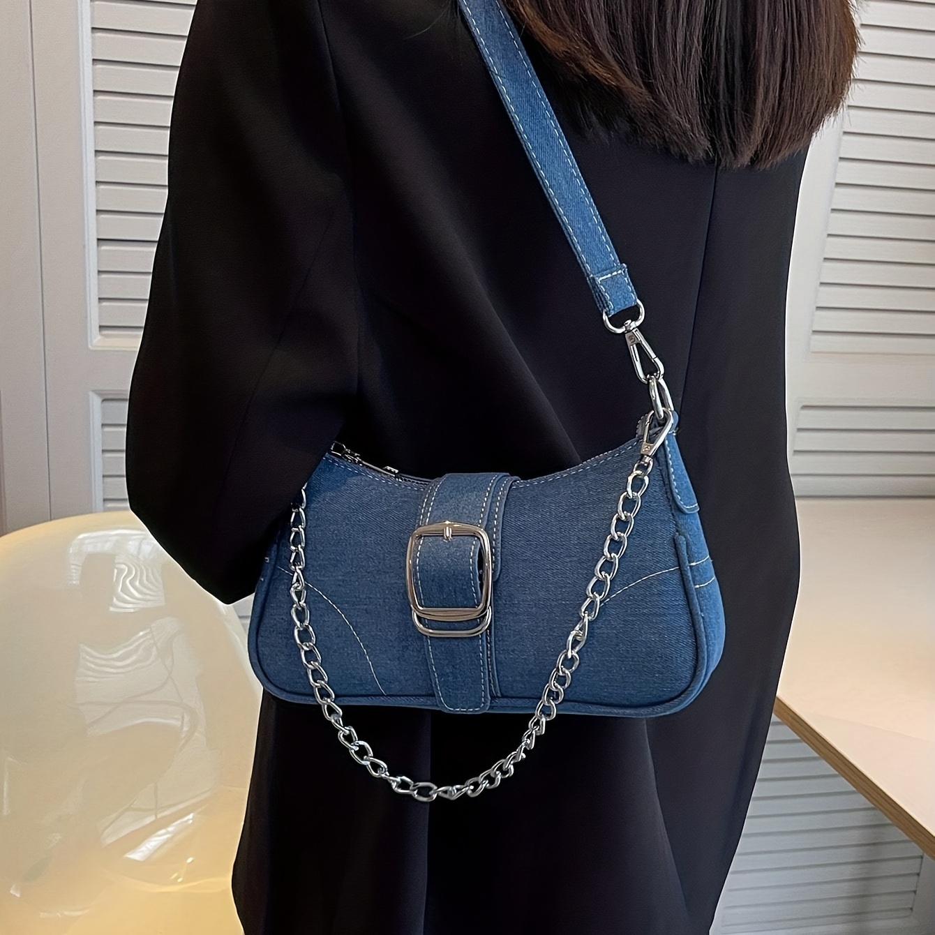 Blue Denim Buckle Stitch Detail Shoulder Bag