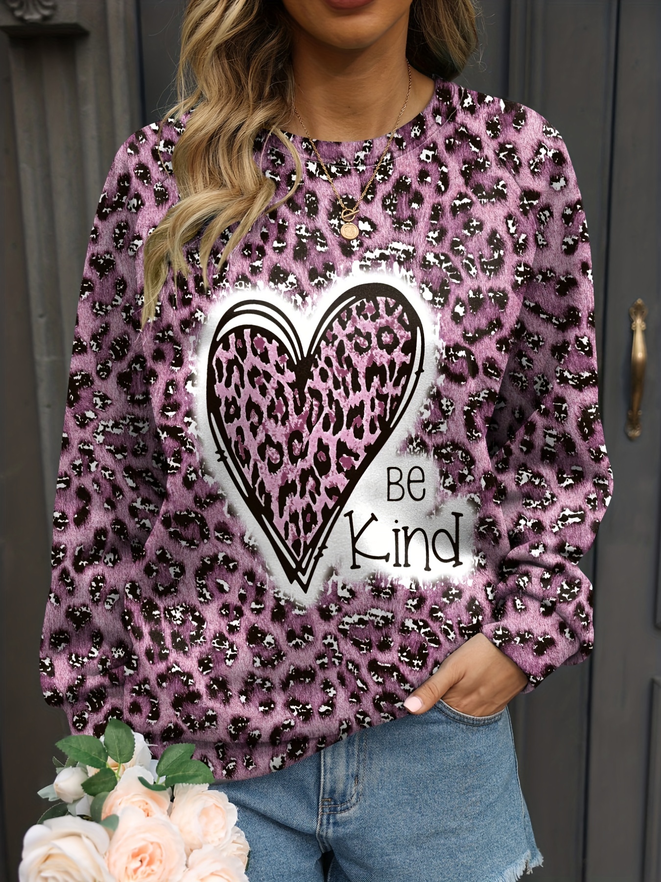 Lilac Leopard Print Heart Sweatshirt