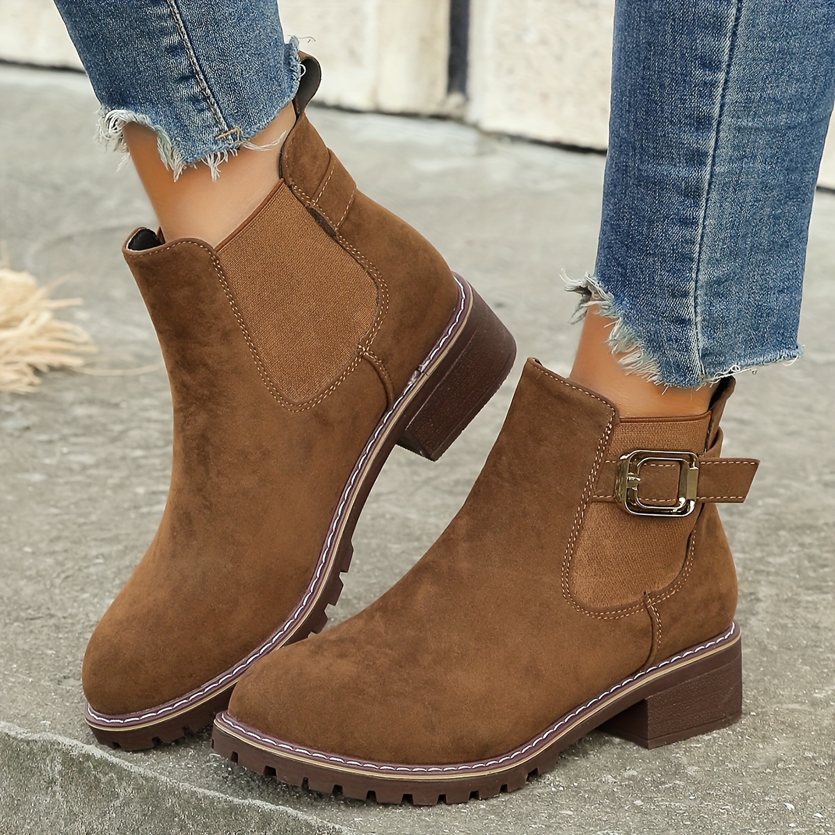 Women s Chunky Low Heeled Short Boots Retro Solid Color Buckle Strap Chelsea Boots All Match Ankle Boots