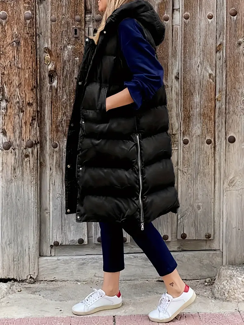 Solid Color Sleeveless Long Puffer Jacket Winter Warm Long - Temu