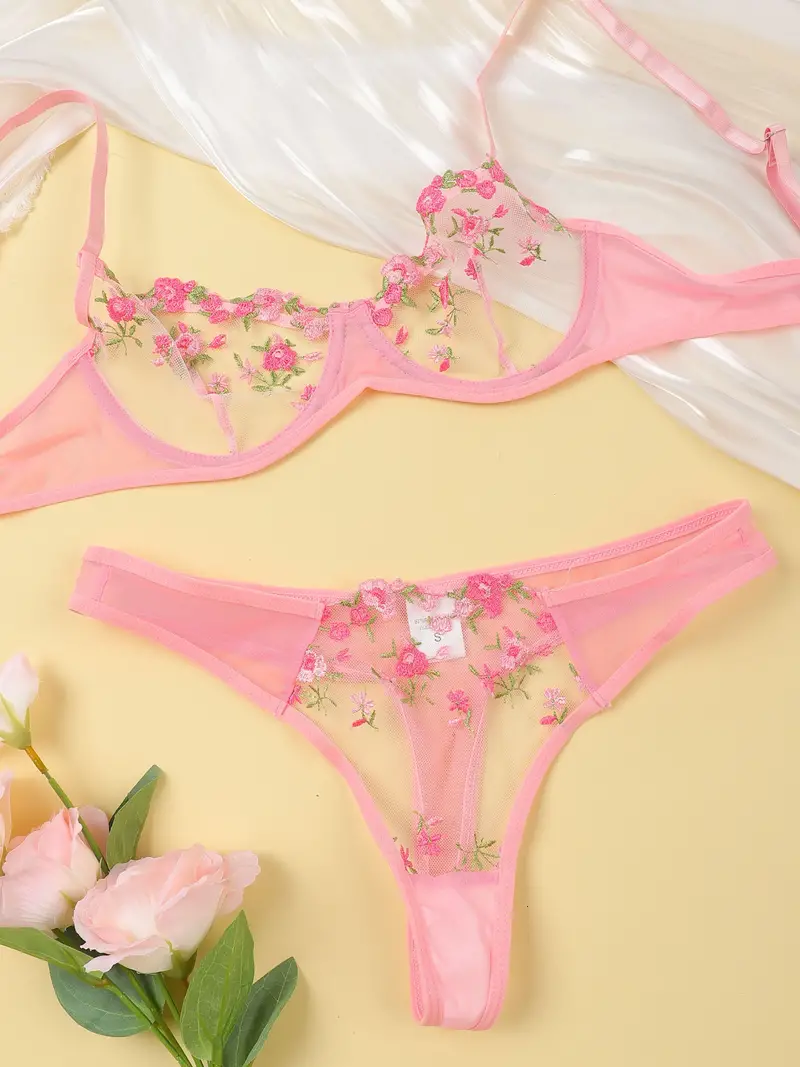 floral embroidery lingerie set mesh unlined bra thong womens sexy lingerie underwear details 19