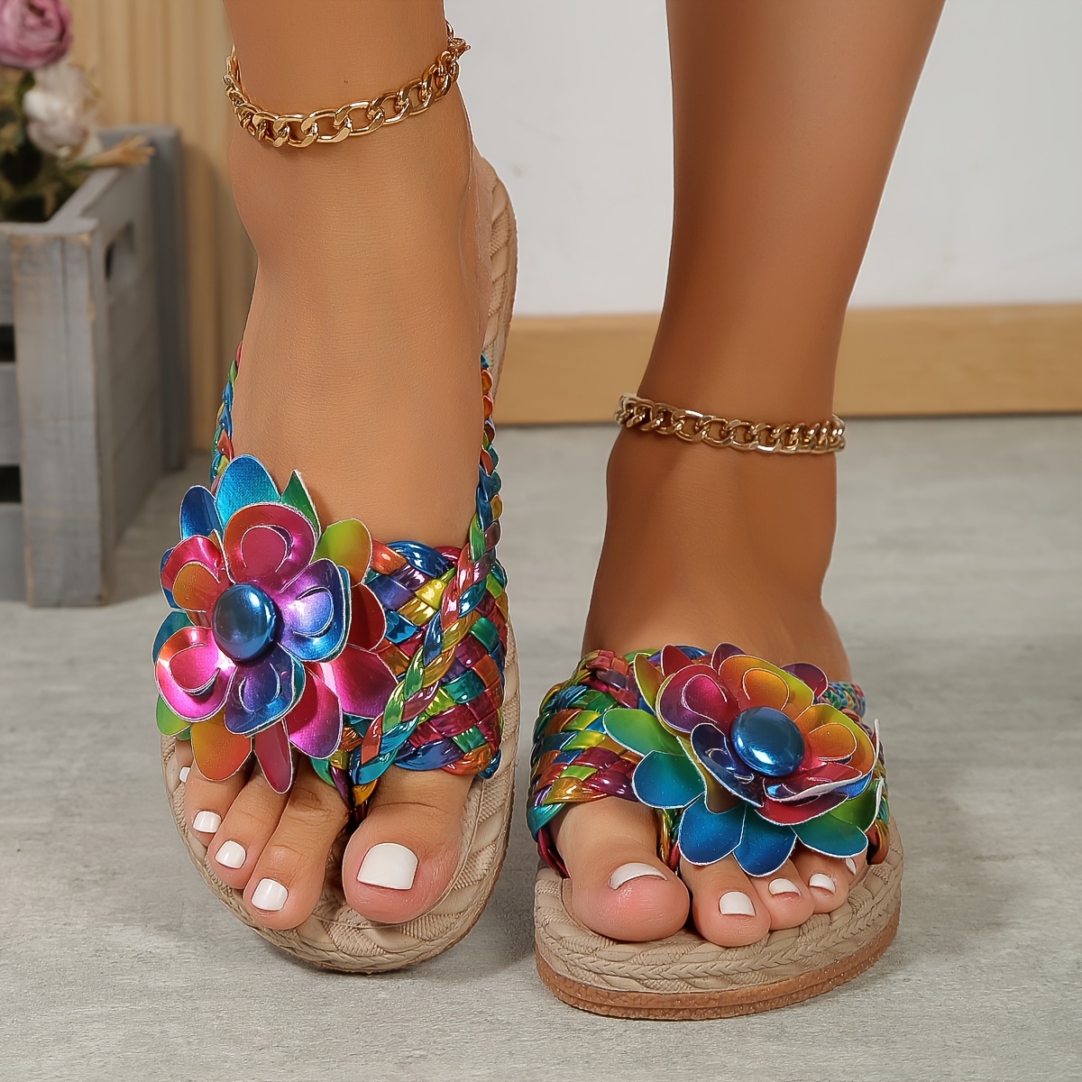 Women's Floral Decor Flip Flops, Slip On Colorful Knitted Comfy Platform  Slides, Vacation Beach Non-slip Slides