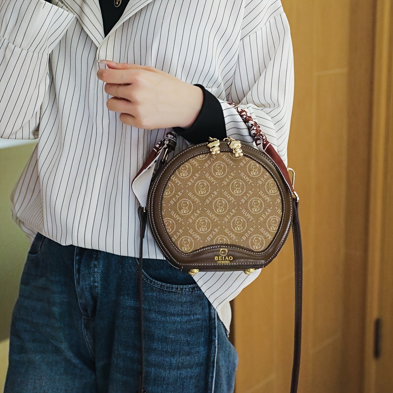 mini bear pattern round handbag fashion scarf decor crossbody bag womens faux leather purse 4 72 7 09 3 94 inch details 3