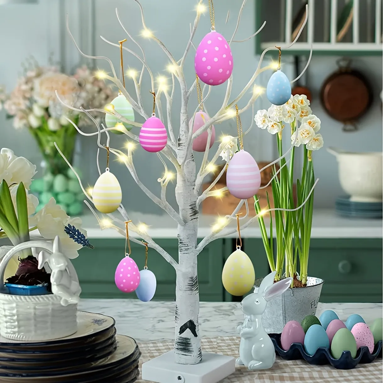 12pcs Easter Hanging Egg Decorations Egg Ornaments With Dots Stripes Colorful Plastic Eggs Easter Tree Ornaments