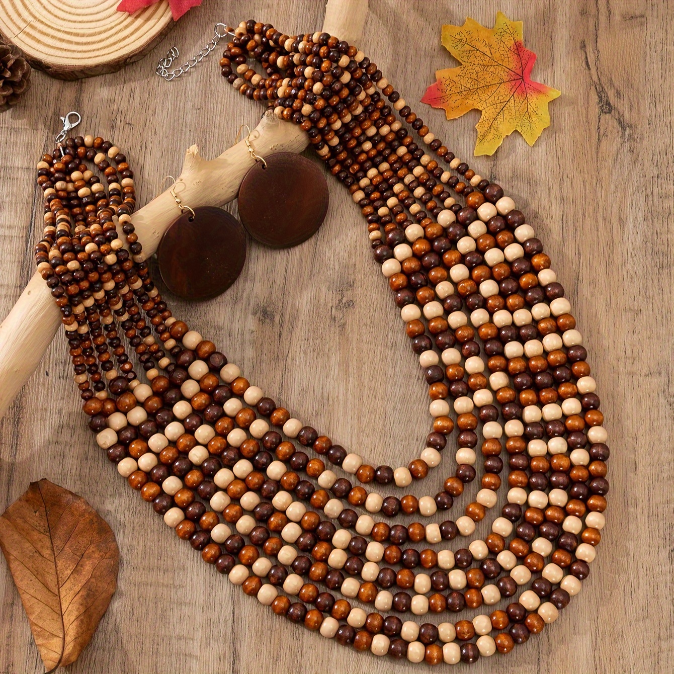 

3pcs Earrings Plus Necklace Boho Style Jewelry Set Made Of Wooden Beads Trendy Multi Layer Design Stunning Party Accessories