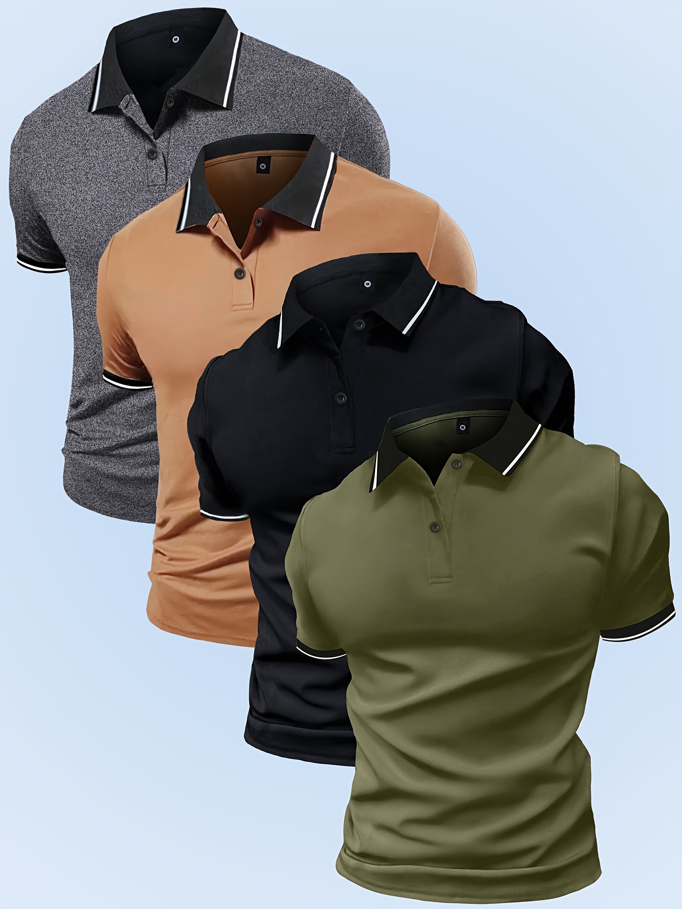 4pcs Men's Summer Shirts - Casual Short Sleeve, Solid Color with Contrast Trim, Lightweight Polyester Blend, Ideal for Sports & Leisure, Shirts for Summer