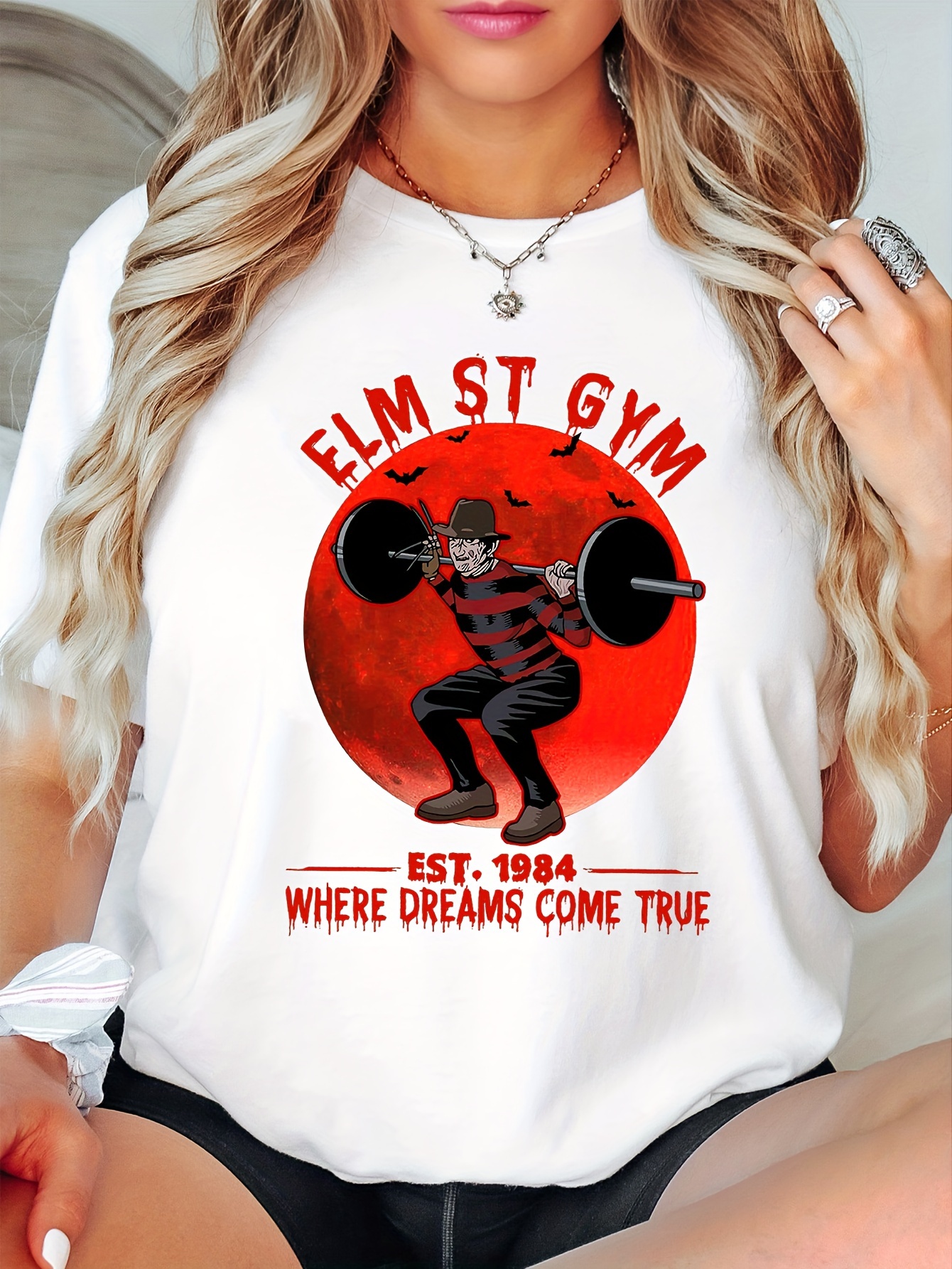 Plus Size Horror Characters Print Round Neck Pullover Oversized T-shirt,  Women's Plus Casual Slight Stretch Graphic Tee