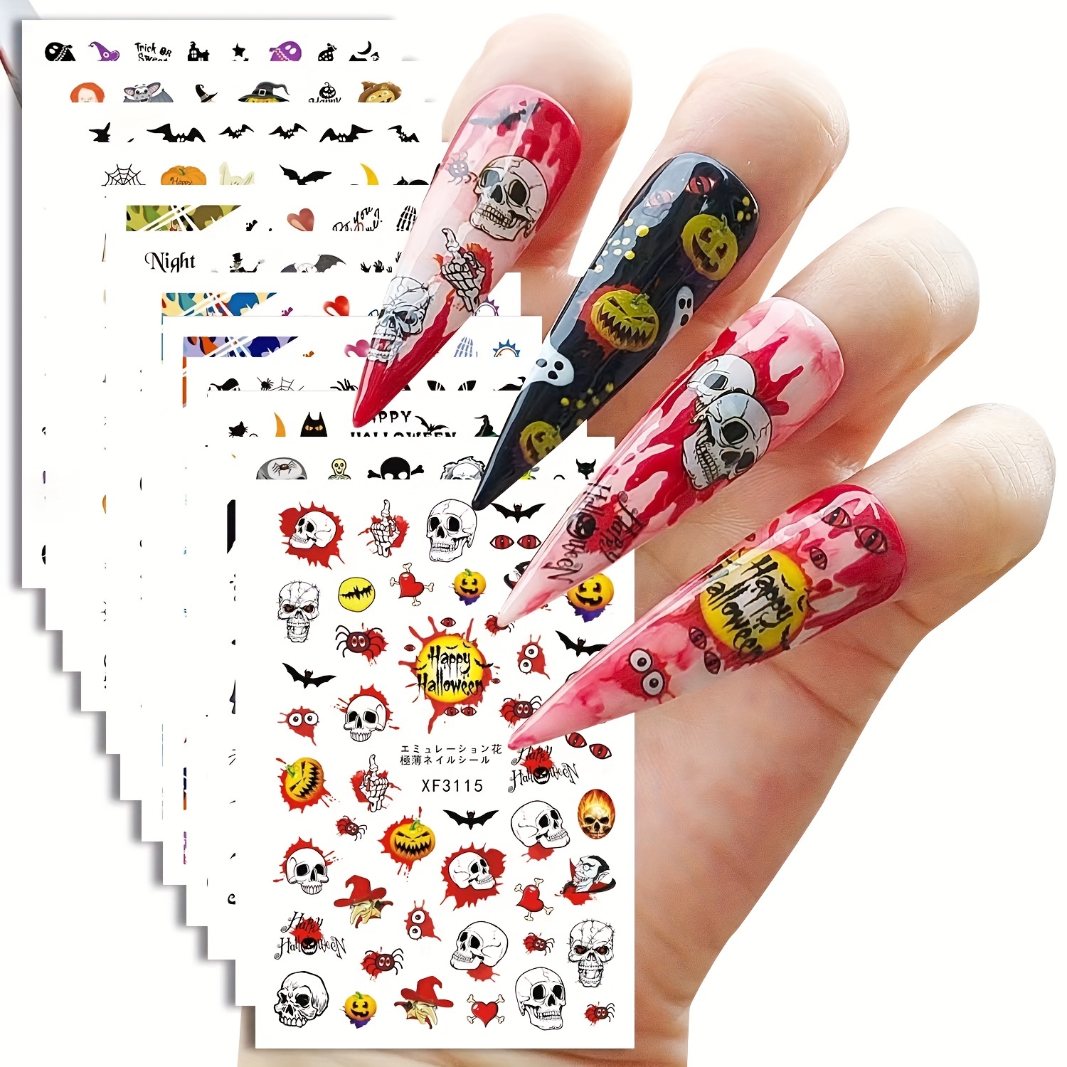  9 Sheets Halloween Nail Art Stickers Ghost 3D Nail Decals  Spider Skull Scary Flame Scar Bloody Nail Designs Rose Bones Horror Eyes  Nail Art Supplies Nail Decorations Accessories for Women 