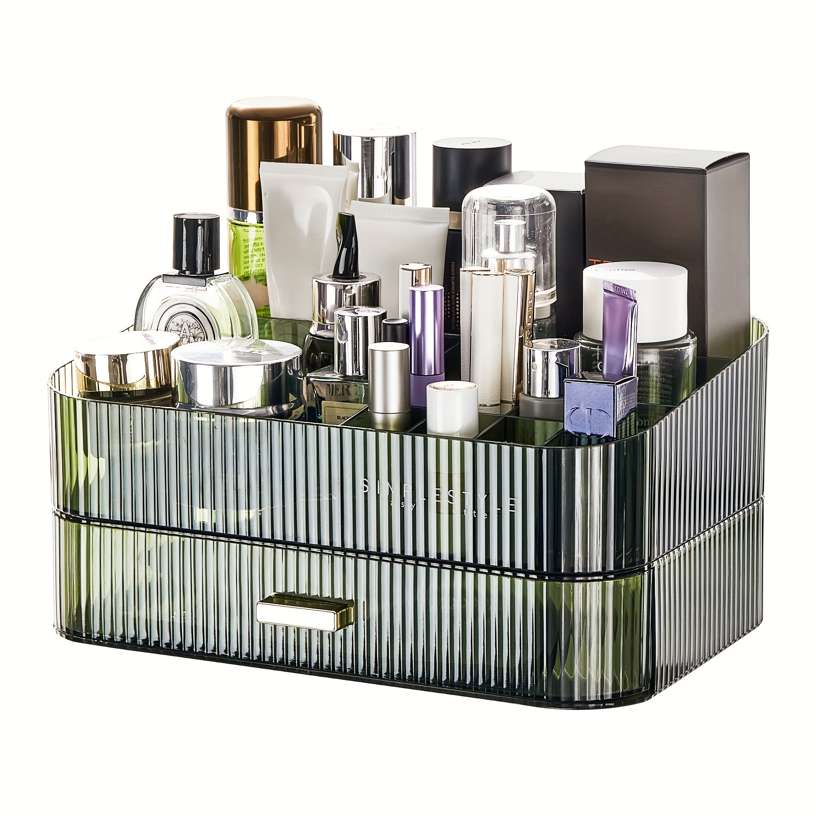 Caja organizadora de maquillaje con cajón, caja de soporte para pañuelos,  organizador de encimera para cosméticos, soporte de tocador para lápiz