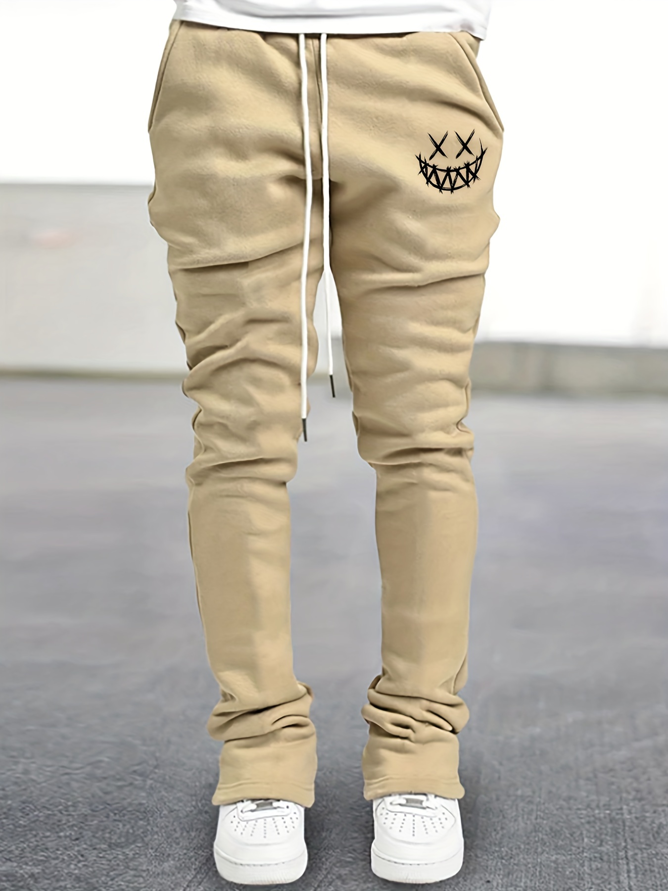 Smile Face Flare Pants Men Drawstring
