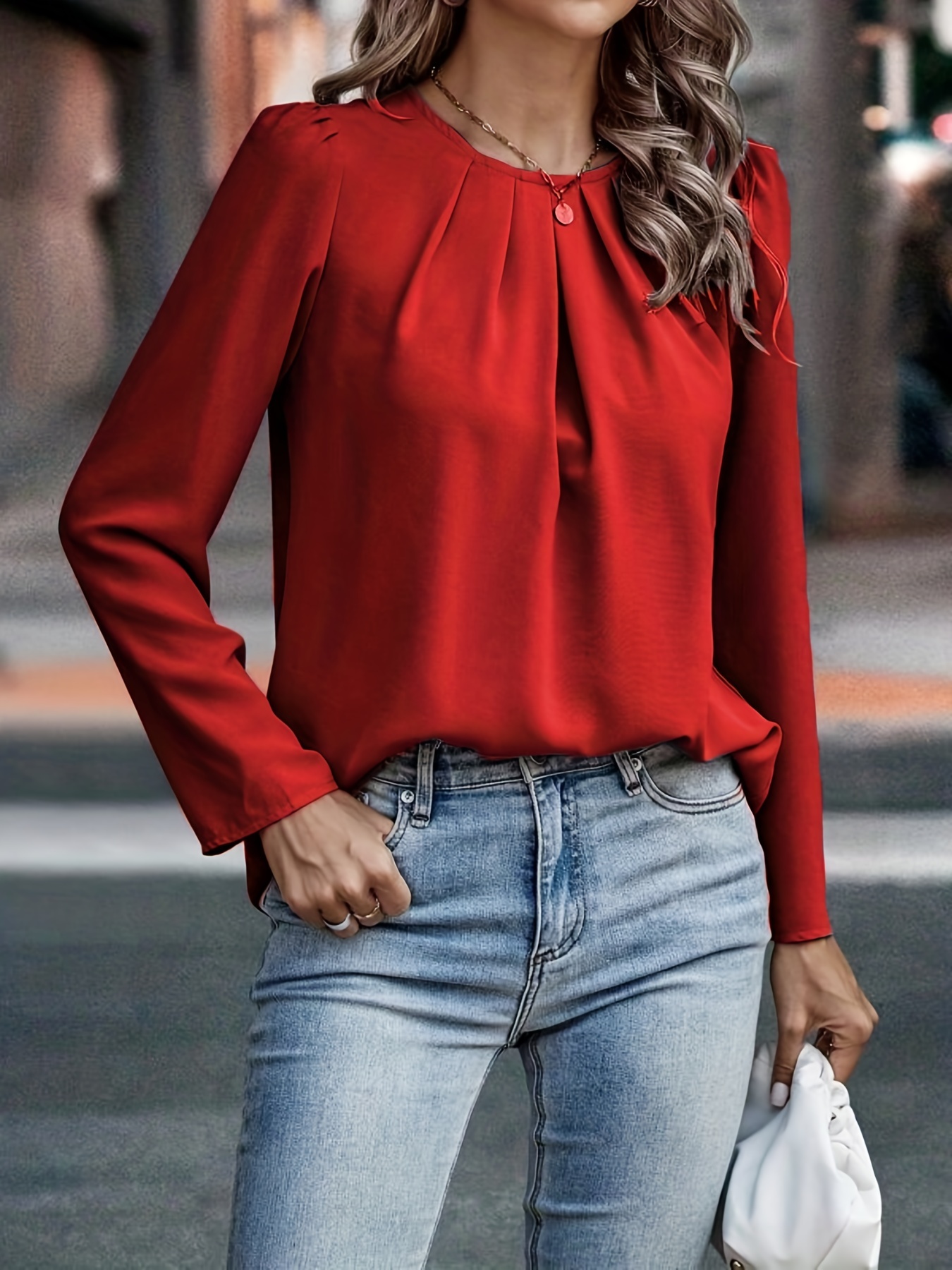 solid puff sleeve blouse casual crew neck long sleeve blouse for spring fall womens clothing