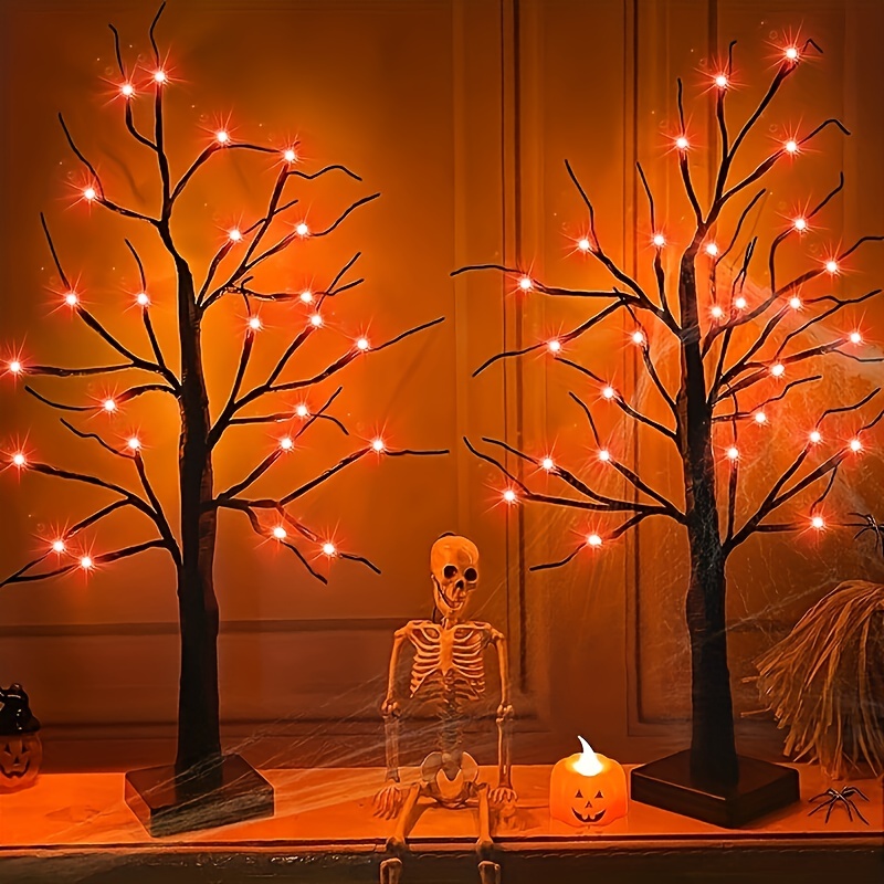 1db, megvilágított fekete halloween fa asztalra, 2 FT Spooky Tree LED narancssárga/lila fényekkel, elemes halloween fa lámpákkal Halloween dekorációhoz beltéri otthonra