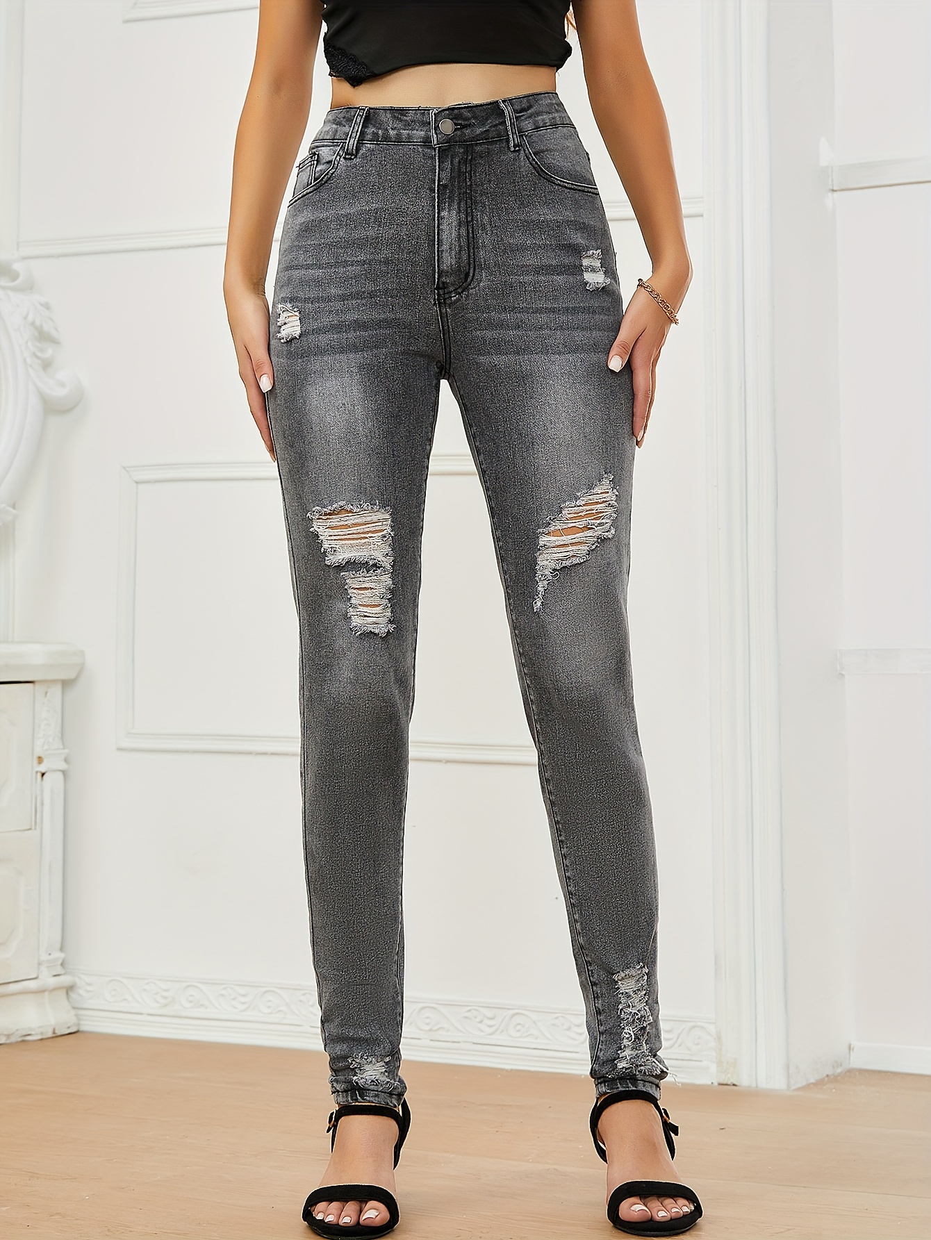 Destroyed Ripped Skinny Jeans Water Ripple Embossed High - Temu