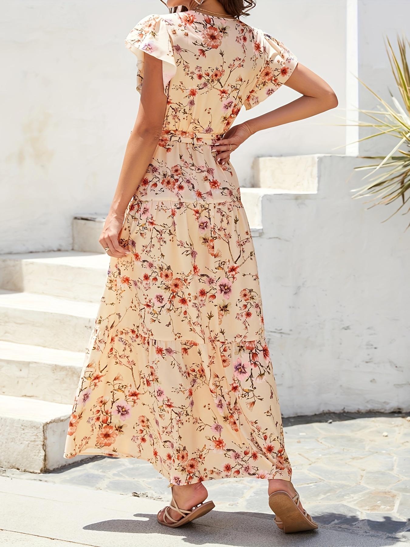 floral print ruffle sleeve dress elegant surplice neck - Temu Canada