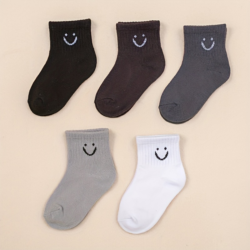 TEMU 5 Pairs Of Boy's Trendy Cartoon Smile Pattern Crew Socks, Breathable Comfy Casual Style Unisex Socks For Kids Outdoor All Seasons Wearing