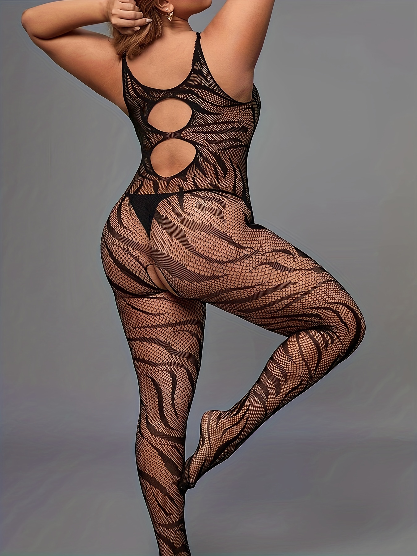 Plus Size Sexy Lingerie Bodystockings, Women's Plus Cut Out Fishnet  Crotchless Bodysuit Without Liner