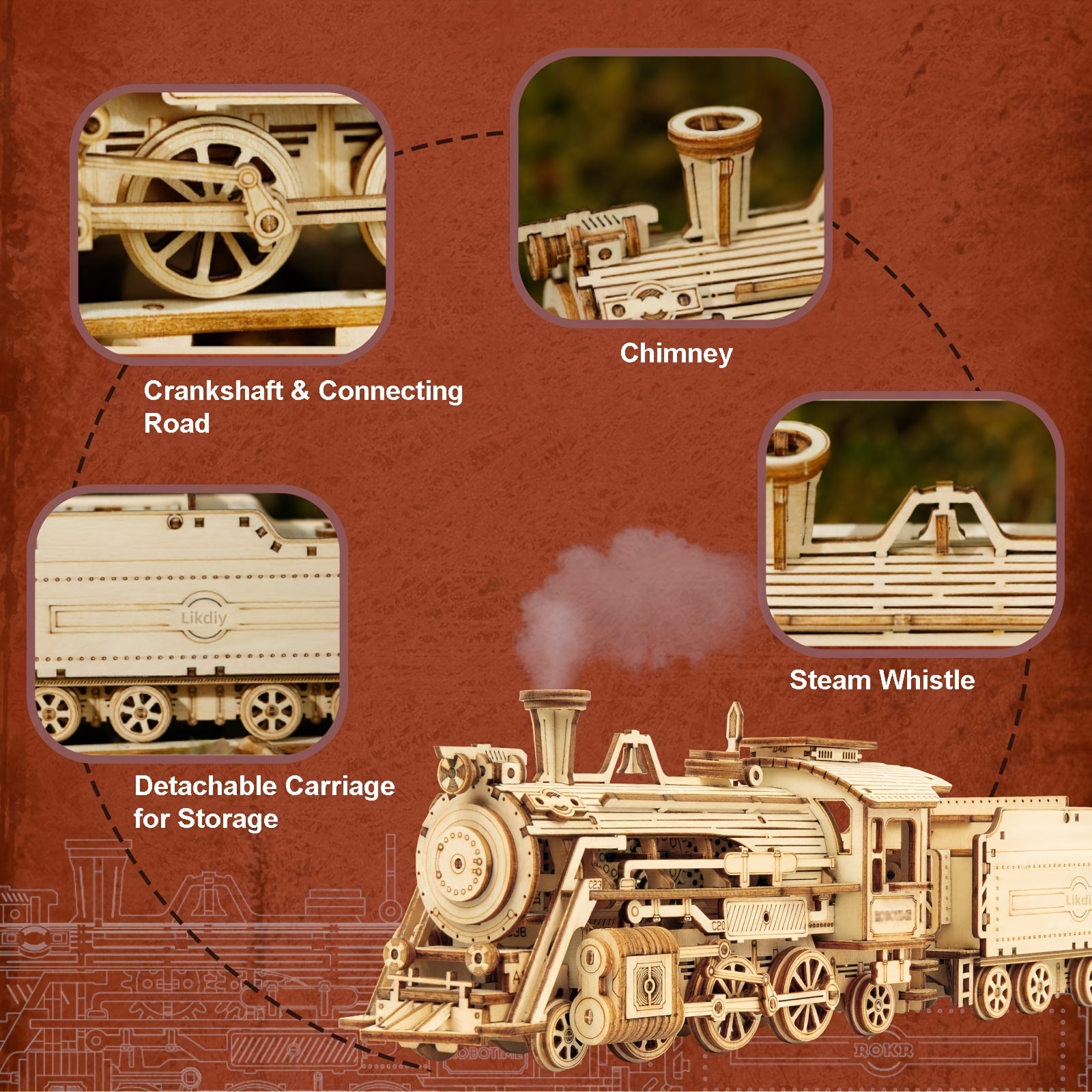 ROKR 3D Wooden Puzzle for Adults-Mechanical Car Model Kits-Brain