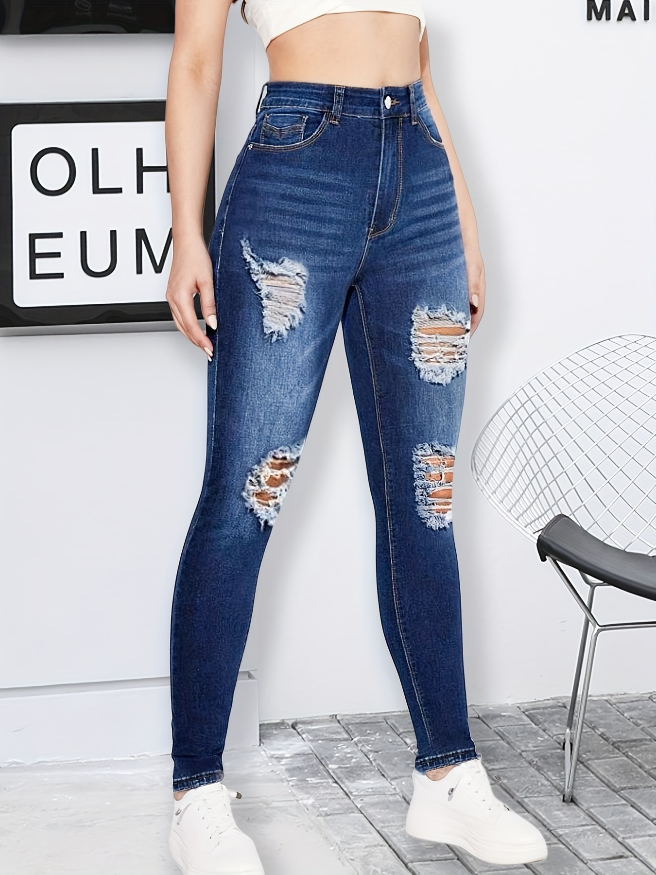 Jeans Ajustados Mujeres Cintura Alta Elástico Pantalones De Mujer  Streetwear Diseño De Bolsillo Lateral Agujero Lavado Denim Lápiz Pantalones  210322 De 19,87 €
