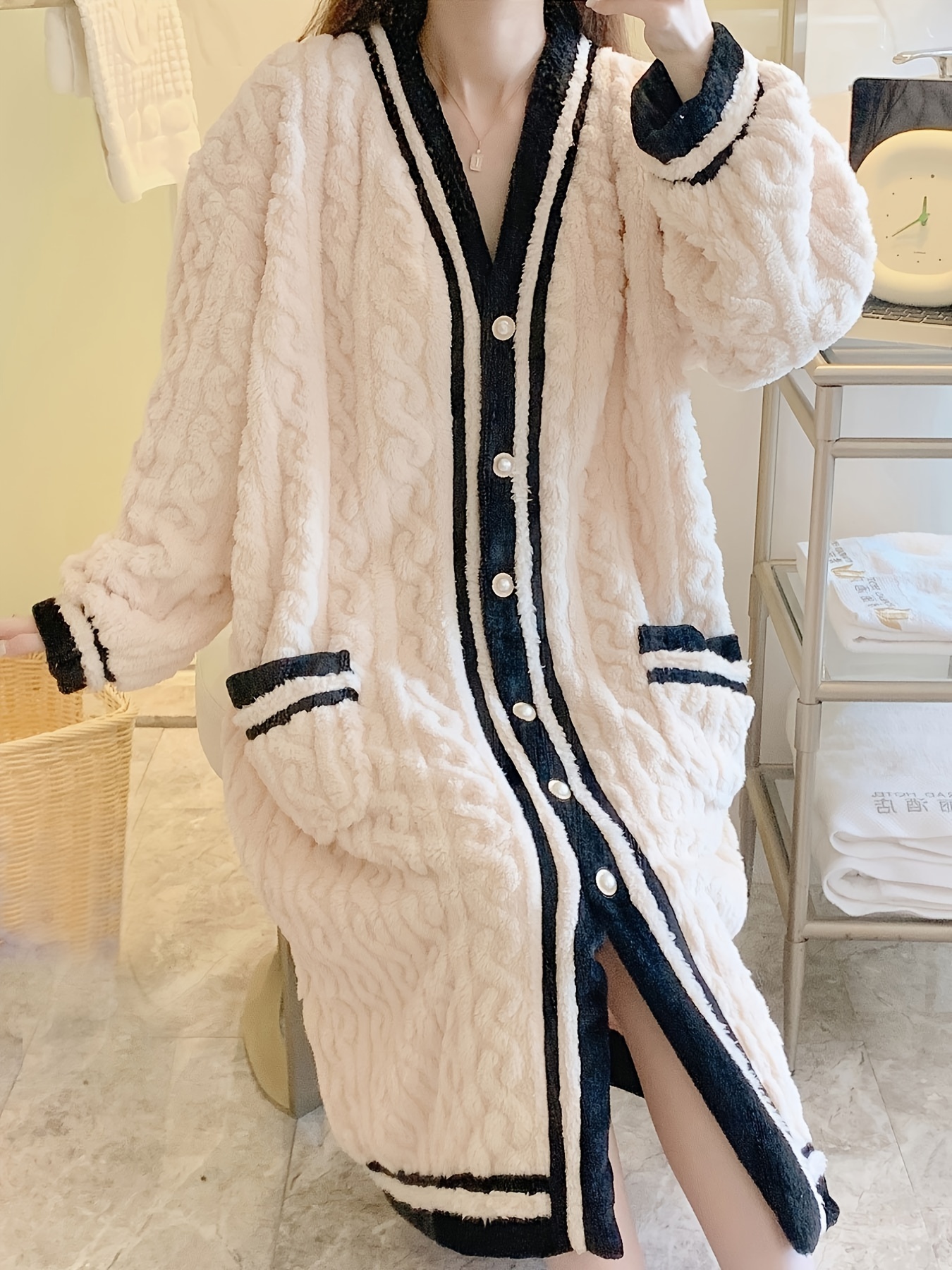 Long Sleeve Cardigan Robe, Thickened & Fuzzy Button Up Lounge Robe With  Pockets, Women's Sleepwear