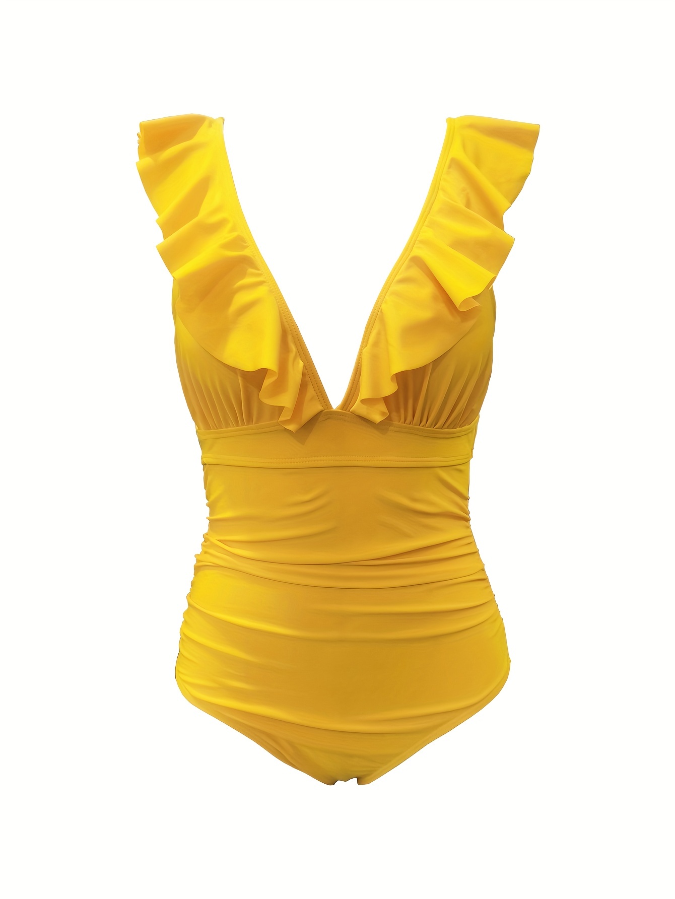 Plain V Neck * Swimsuit, Ruffle Hem Backless Tummy Control High Cut Bathing  Suit, Women's Swimwear & Clothing