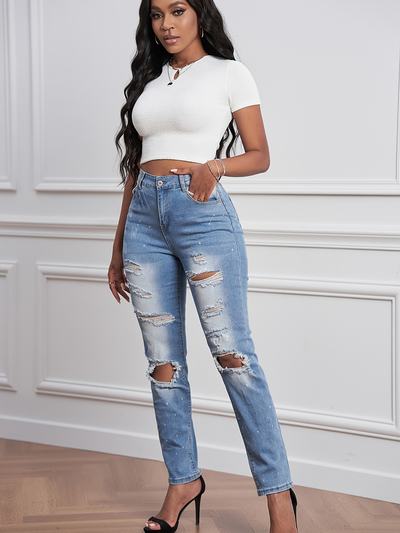 Distressed Front Cut Out Knee Snow Pattern High Rise High Waist