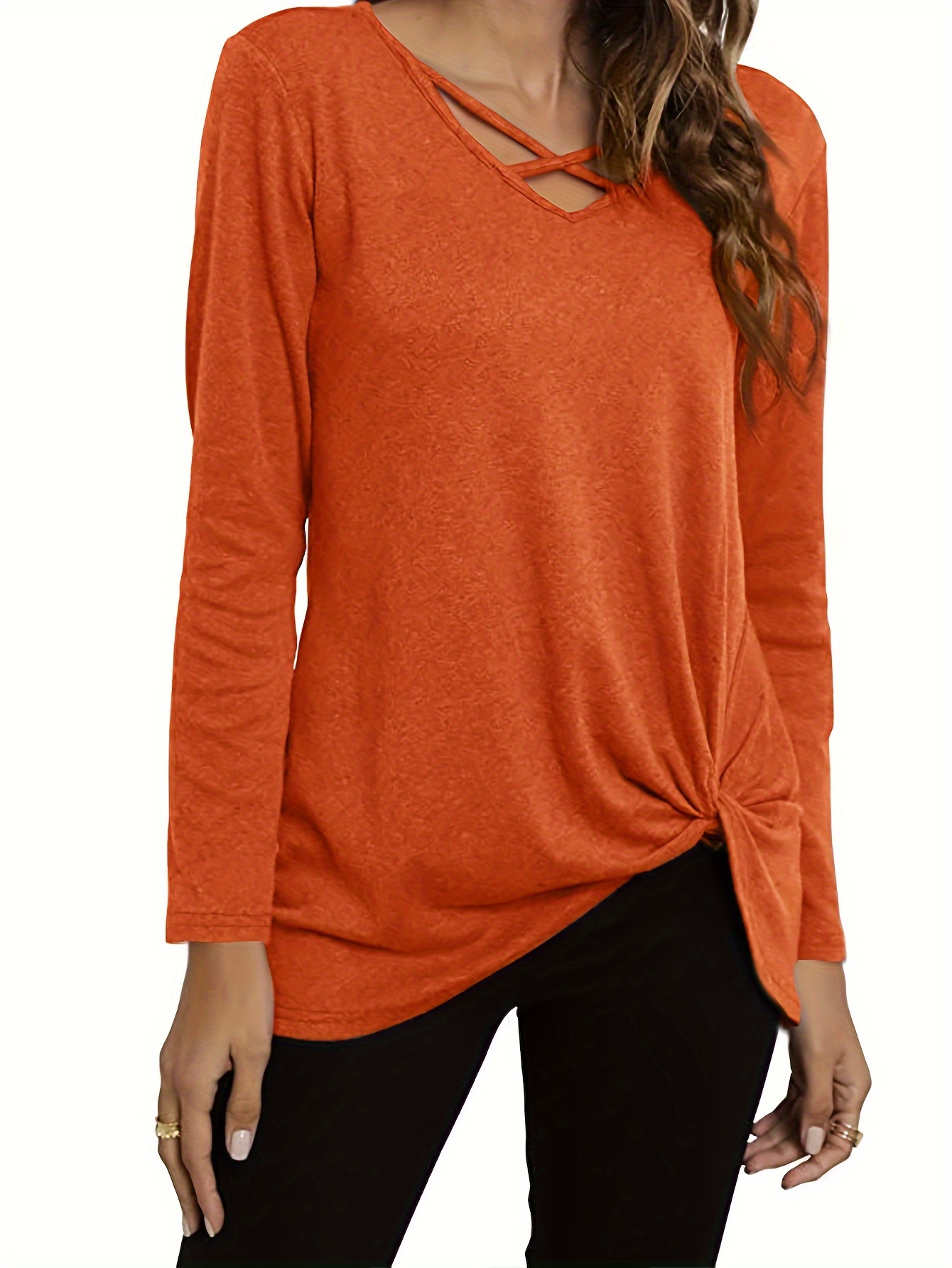 Solid Criss Cross Neck T-shirt, Casual Knot Long Sleeve Top For Spring &  Fall, Women's Clothing