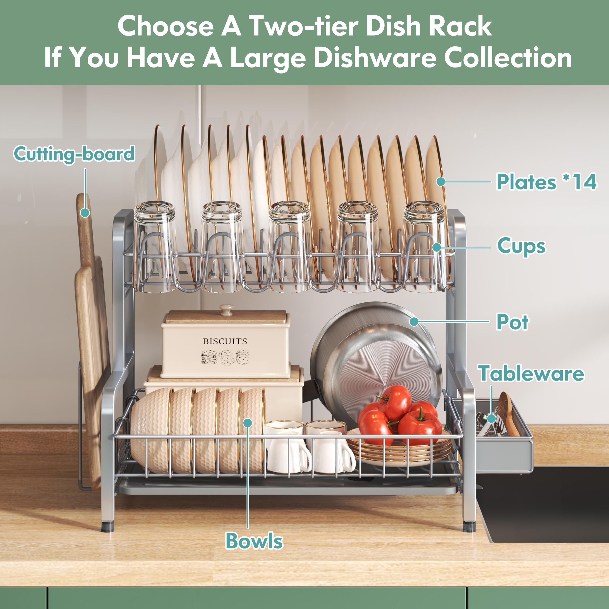 Dish Drying Rack, Romision 2 Tier Stainless Steel Dish Racks for