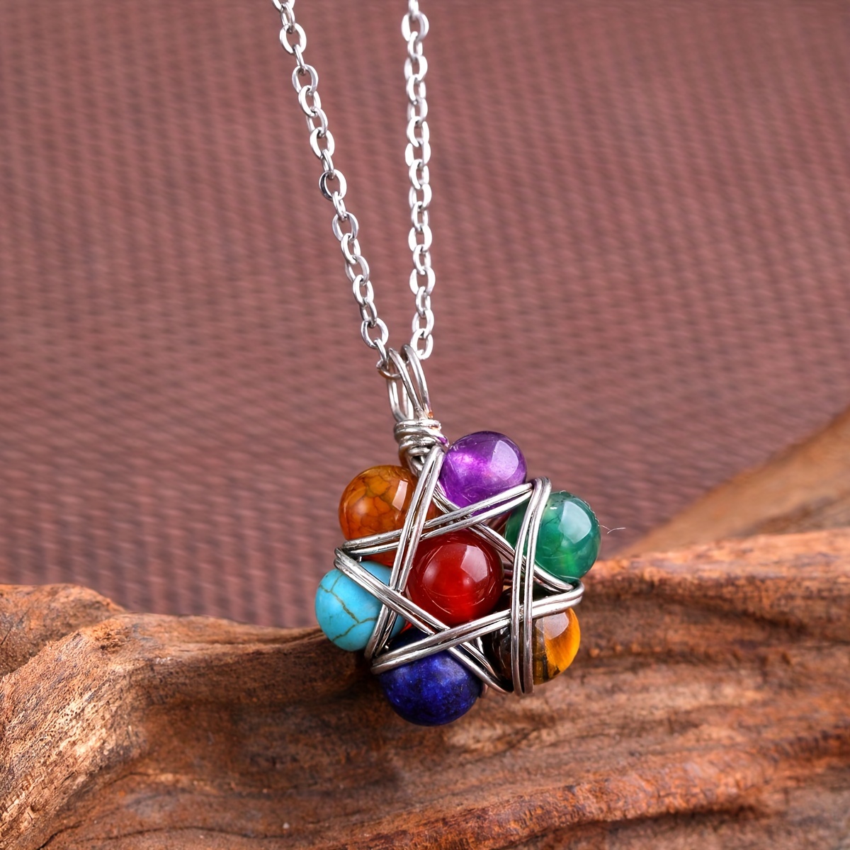 1pc 7 Chakra Crystal Stone Necklace, Natural Seven Color Crystal Stone  Round Pendant Necklace, Used For Energy Therapy Accessories