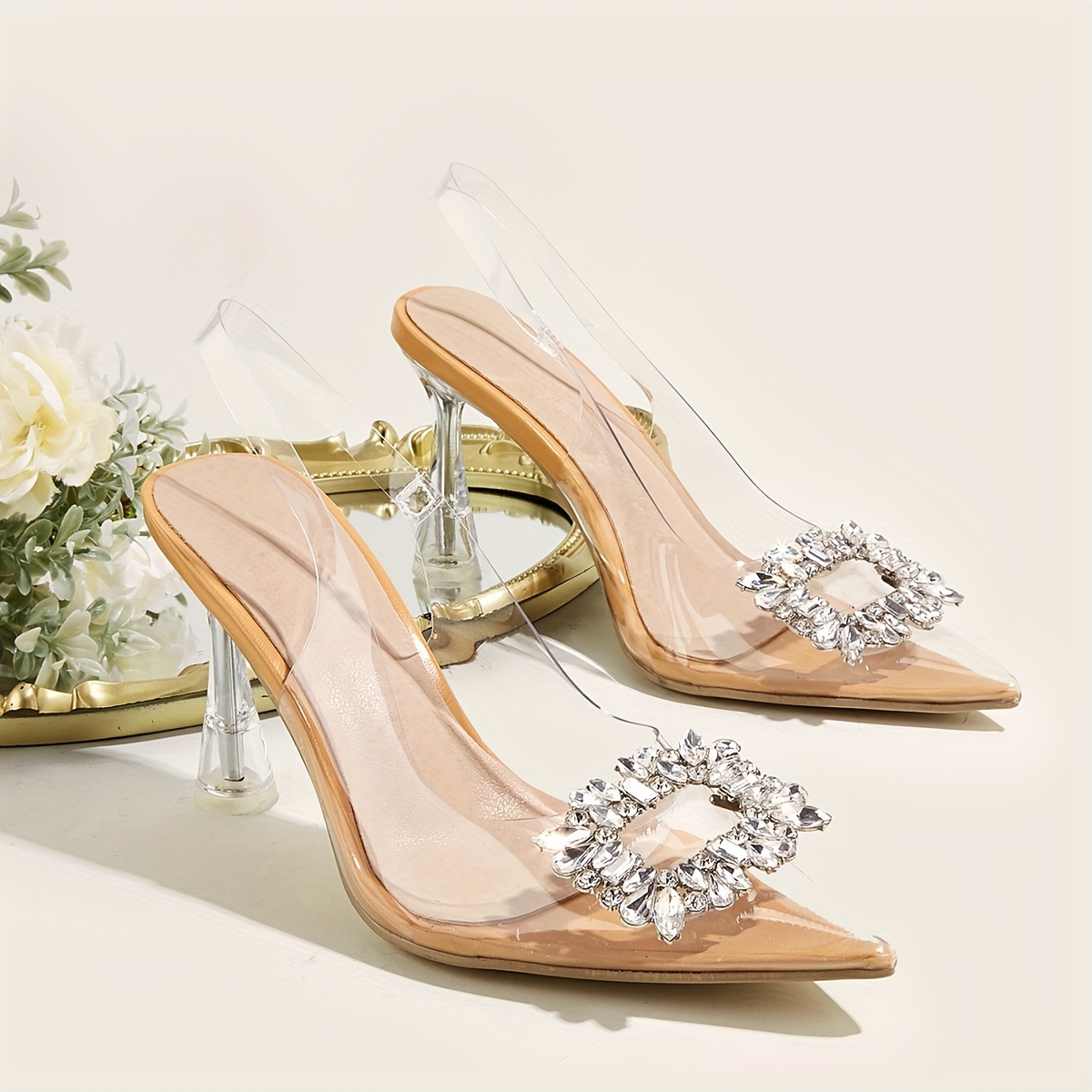 Women's Transparent Rhinestone Bow Pointed Toe Stiletto Heel Wedding Party  Shoes