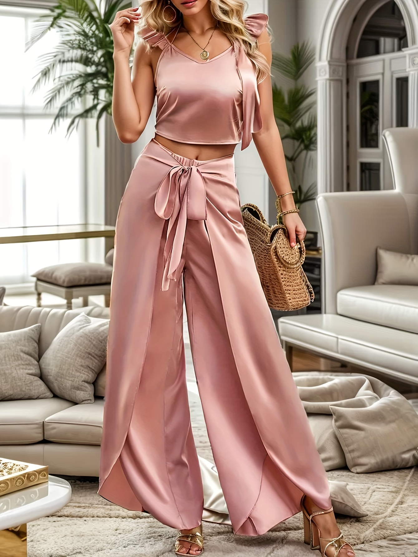 Elegant Two-piece Pants Set, Short Sleeve V-neck T-shirt & Tie Front Solid  Wide Leg Pants Outfits, Women's Clothing