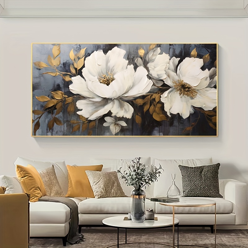 Abstract Two White Flowers Oil Painting On Canvas Wall Art, Golden Leaf ...