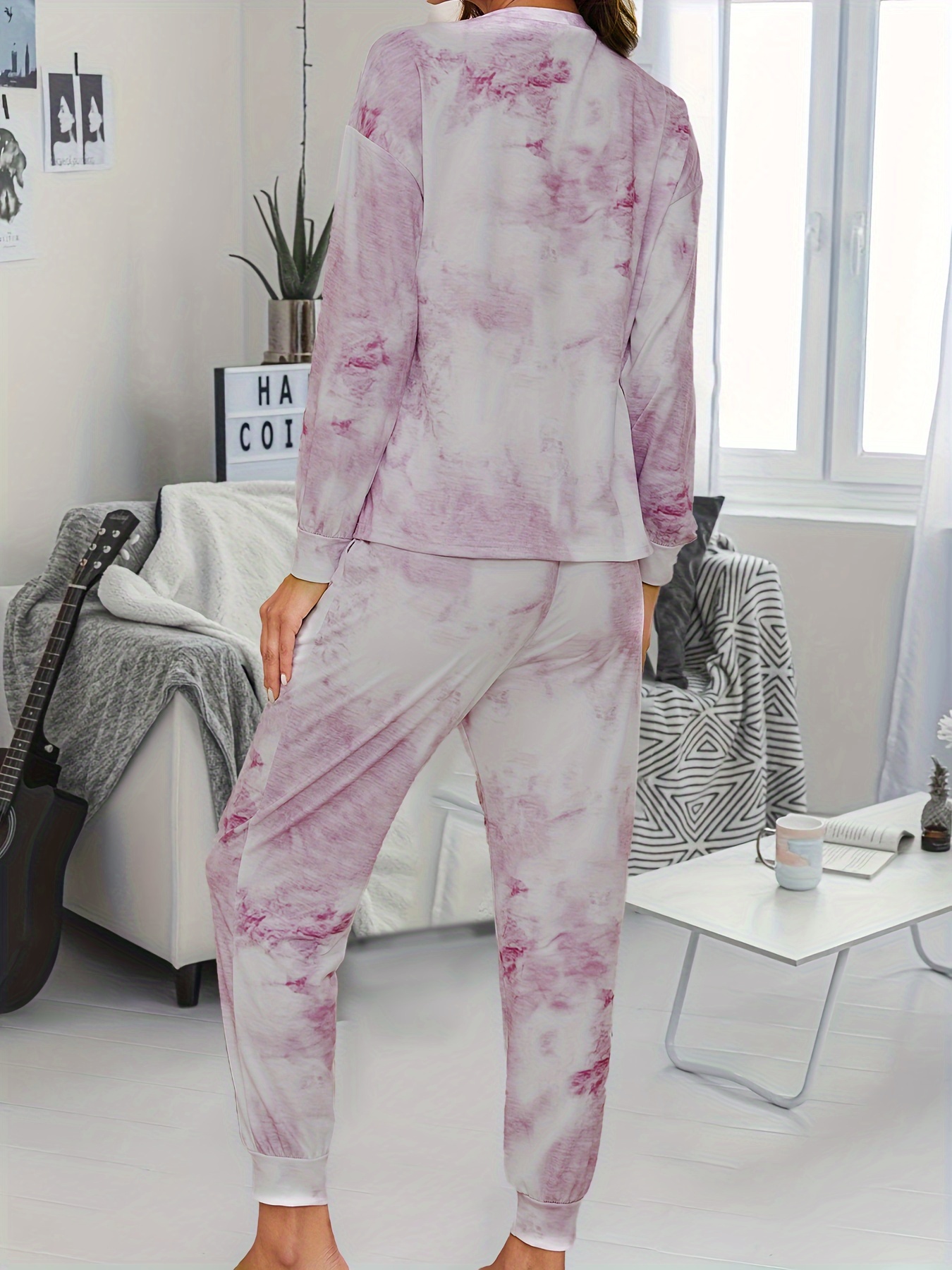Tie Dye Print Lounge Set Long Sleeve Crew Neck Top & Pants