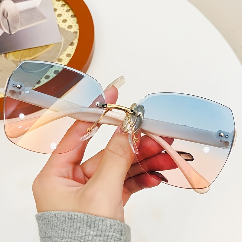 Frameless Gradient Lens Sunglasses, Oversize Polygon Frame