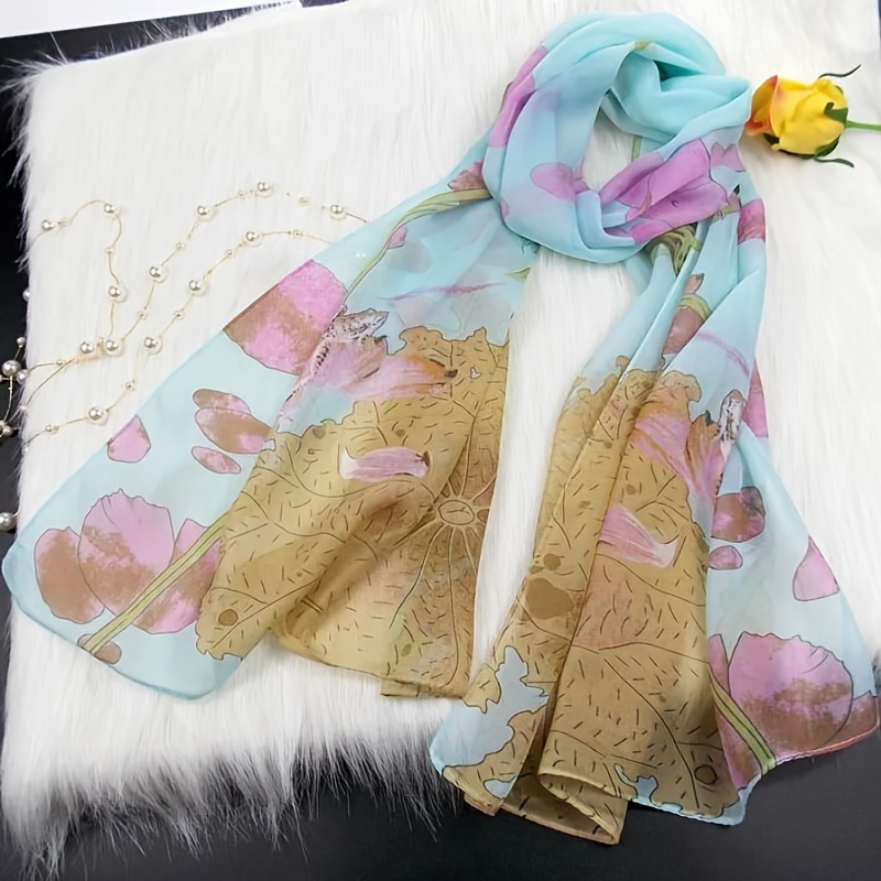 Chiffon Scarf Ink Flower Print Shawl Head Wrap Bandana Beach Towel
