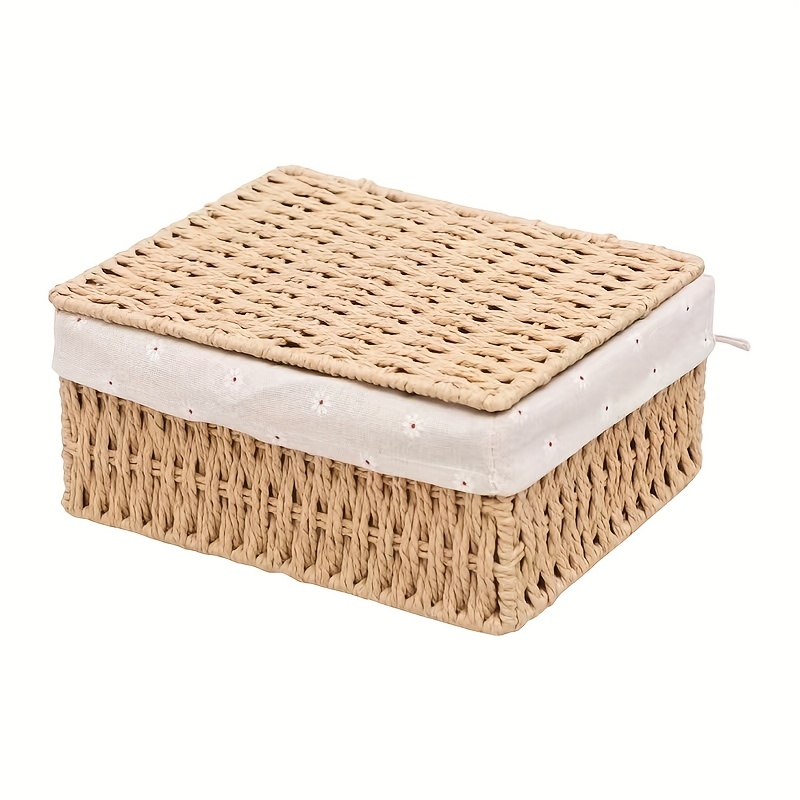 Caja de almacenamiento de mimbre tejido con tapa - Juego de 1 - Cesta  rectangular de algas marinas y cesta de almacenamiento con tapa - Estante  de