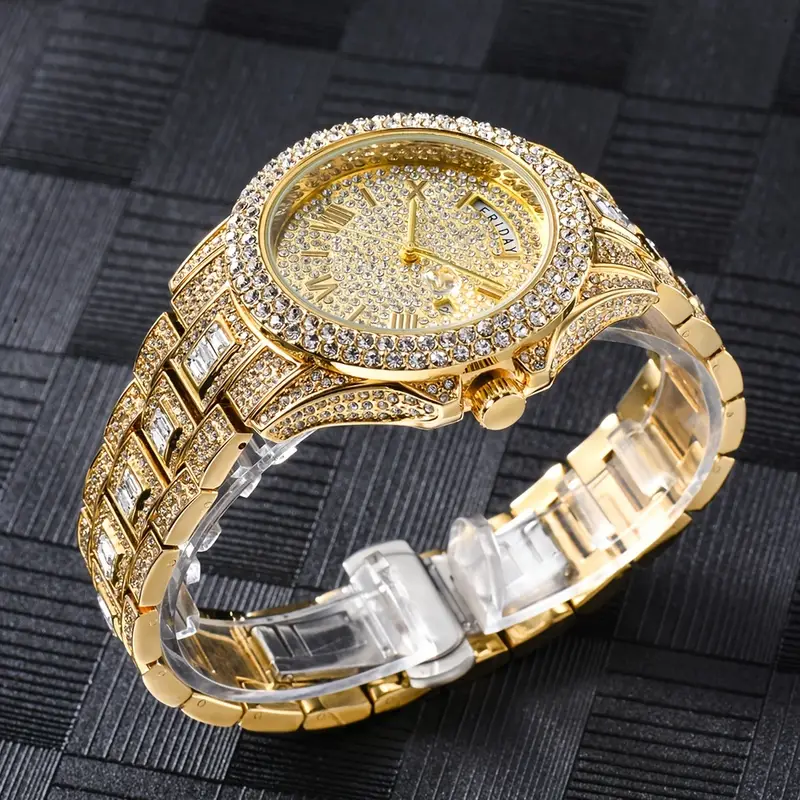 1pc Double Calendar Quartz Mens Watch Zircon Silver Mens Wrist Watch  Waterproof Luxury Golden Iced - Jewelry & Accessories - Temu