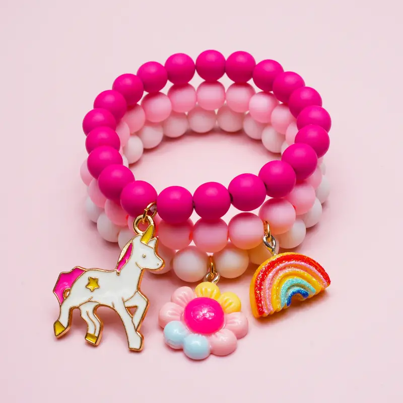 3pcs Girls Cute Cartoon Colorful Beaded Bracelets with Unicorn Rainbow Flower Pendant Decorative Accessories,Gift for Girls,Temu