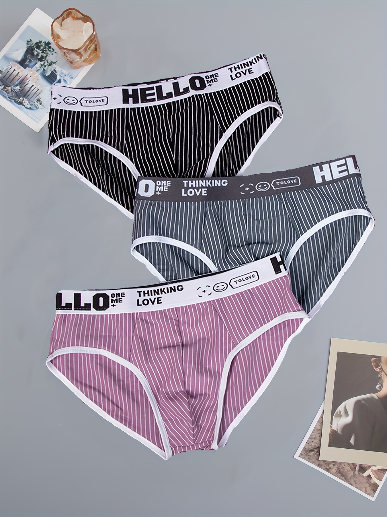 Men's 'hello' Print Casual Striped Breathable Comfy Briefs - Temu