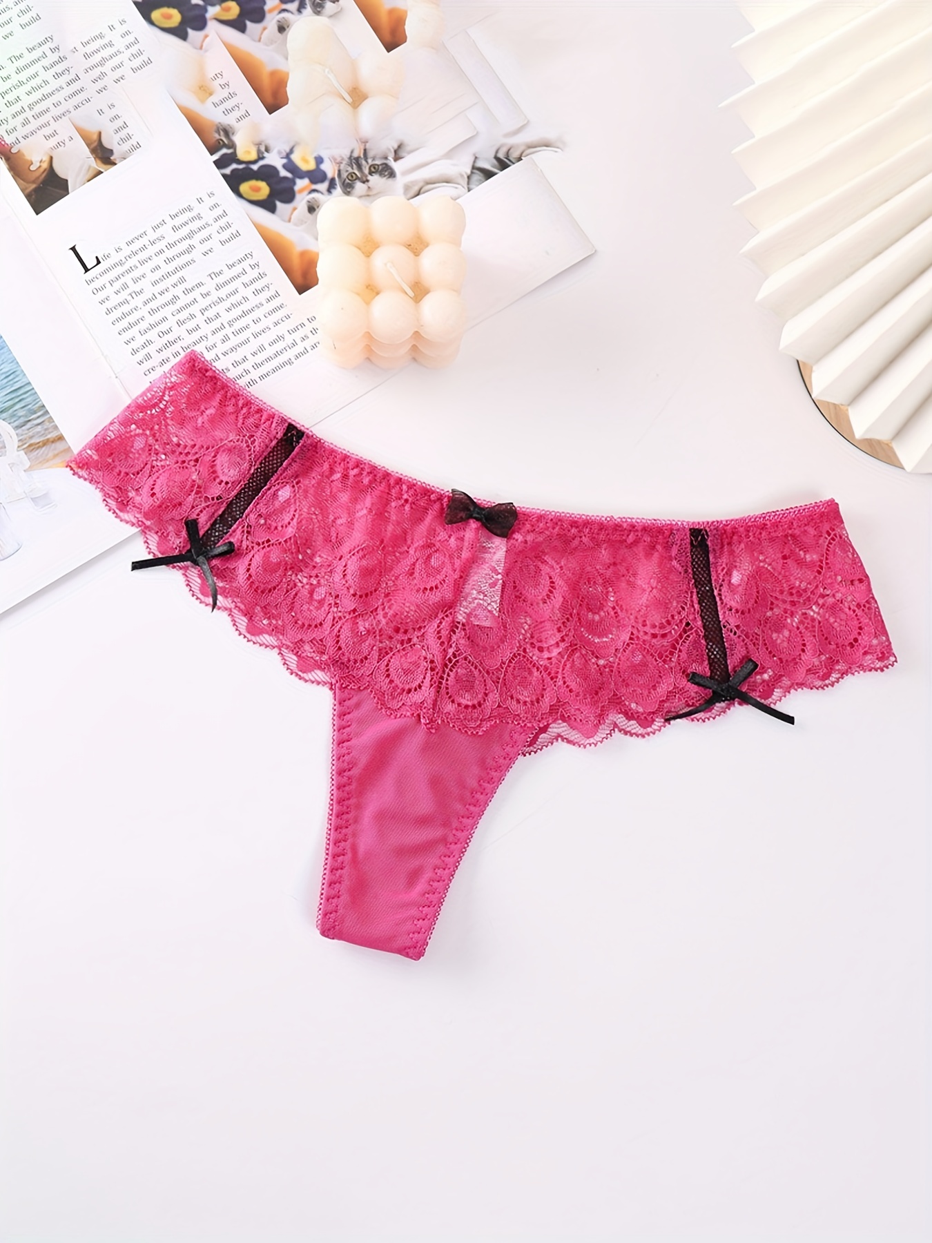 Contrast Lace Thongs Semi sheer Bow Tie Intimates Panties - Temu Canada