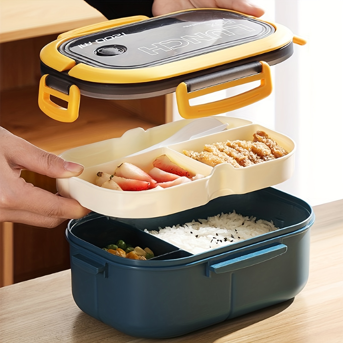 Lunch Box With Cutlery Set, Bento Box, 3 Compartments Food Container,  Microwave Safe, For School Students And Office Workers, Kitchen Gadgets,  Kitchen Accessories, Travel Accessories - Temu