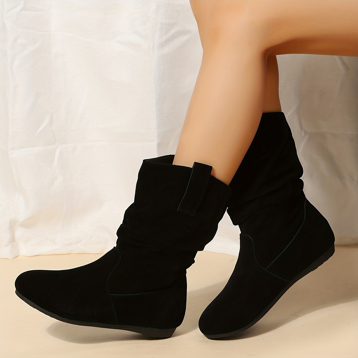 

Women's Solid Color Boots, Slip On Round Toe Mid Calf Casual & Trendy Boots, Versatile Comfy Shoes