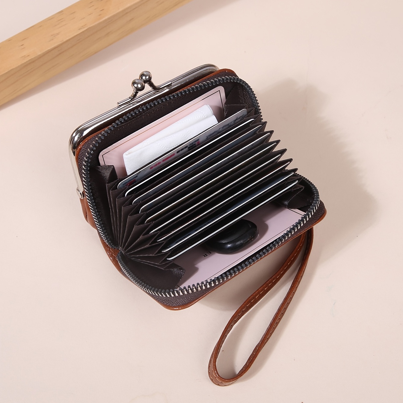 Retro Double Layer Coin Purse For Women, Mini Oil Wax Leather Storage Bags,  Genuine Leather Kiss Lock Wallet For Key, Earphone - Temu