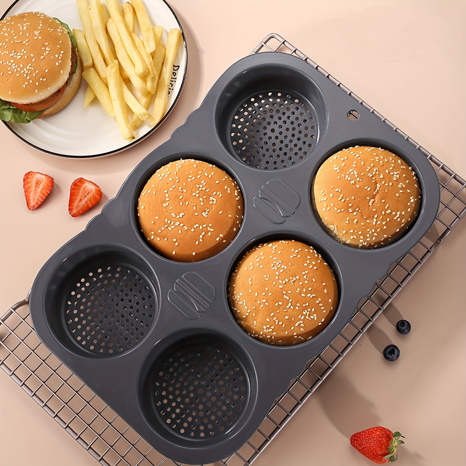 Dioycli Hamburger Bun Pan, Silicone Hamburger Bun Mold Non Stick Mesh Bun  Molds for Baking Fit Half Pan Size Loaf Pan Perforated Bakery Molds for