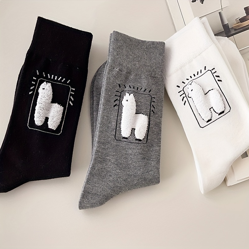 

3 Pairs Cartoon Alpaca Print Socks, Comfy & Cute Mid Tube Socks, Women's Stockings & Hosiery