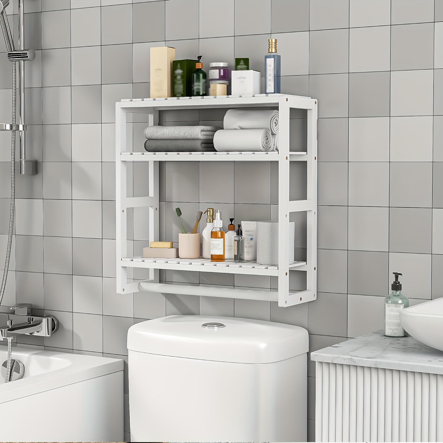 1pc bathroom storage shelves adjustable 3 tiers storage rack over the toilet storage floating shelves for wall mounted with hanging rod bathroom accessories home organization and storage supplies bathroom decor