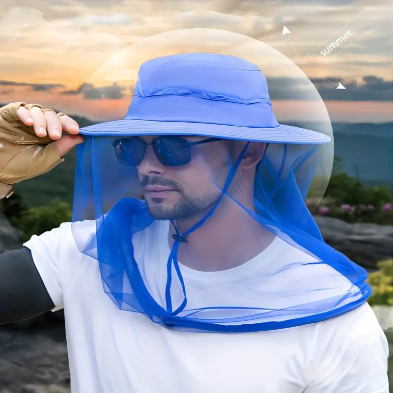 1pc Outdoor Large Brim Sunshade Hat Mesh Mask Protective Fishing