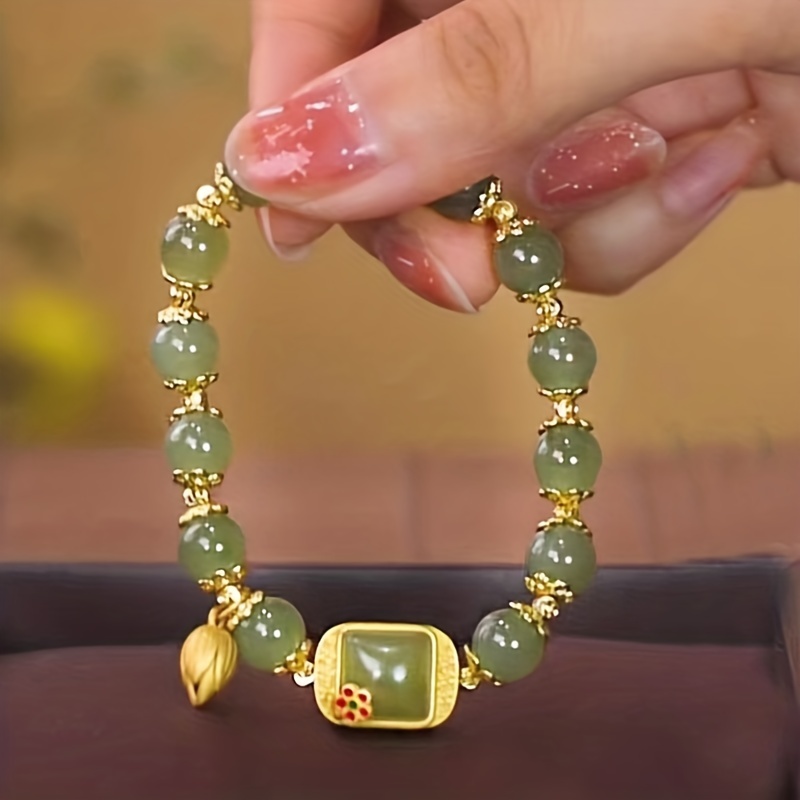 

1pc Cute Green Beaded Bracelet With Lotus Pod Charm, Exquisite Ethnic Style Lucky Bracelet For Best Friend, Ideal Choice For Gifts