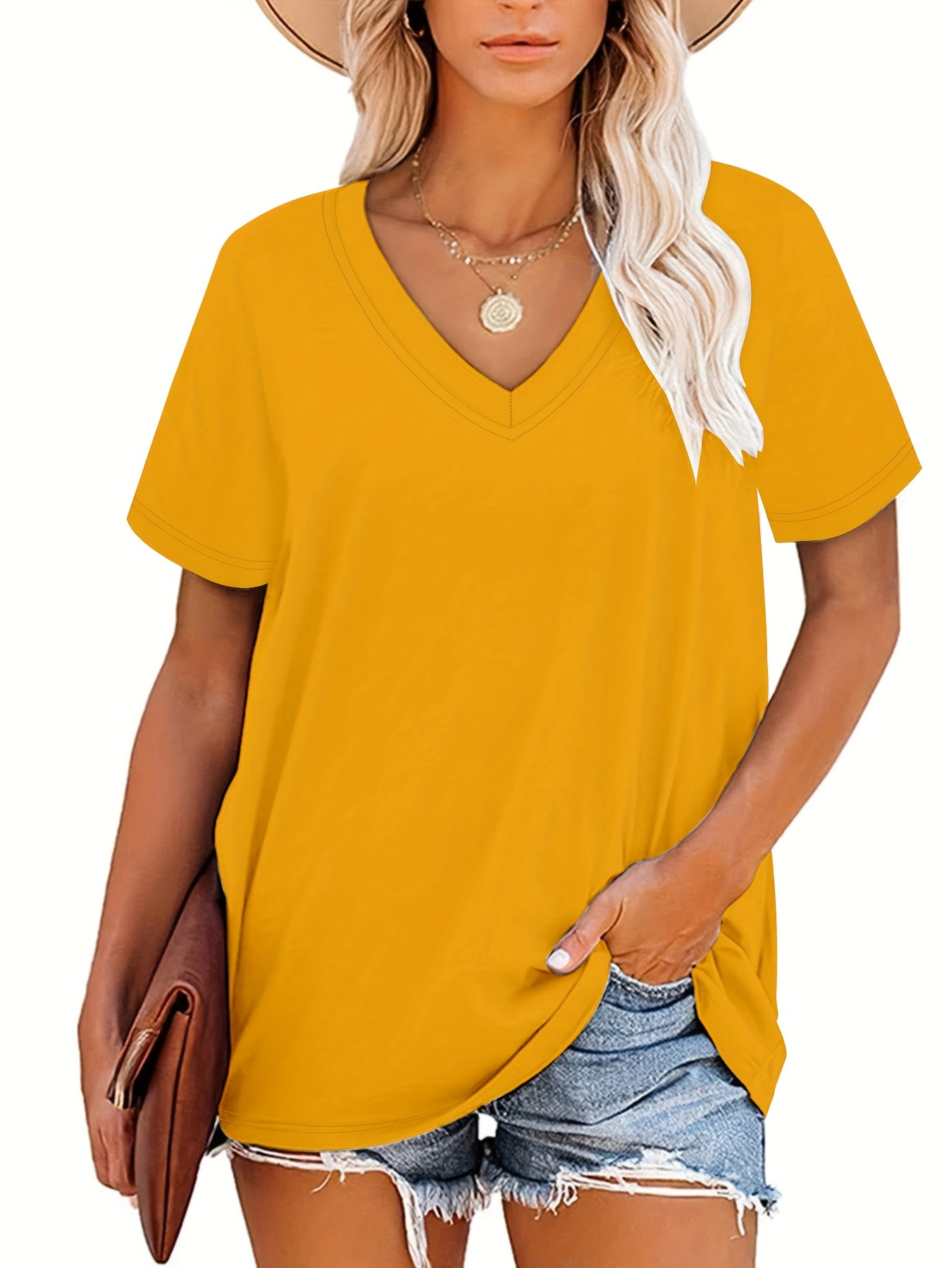 Plus Size, Plus Size Women's V-Neck Short Sleeve T-Shirt - Elegant Casual Chic White Top, Soft Breathable Fabric, Machine Washable, All-Season Versatile Wardrobe Staple, Everyday Comfort, Vneck Tee, Relaxed Fit Shirt