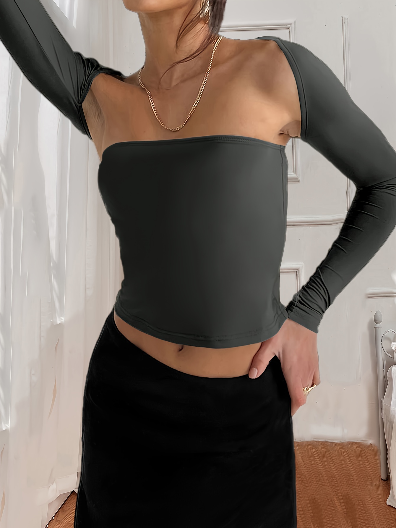 Casual Solid Two piece Top Set Crop Long Sleeve Outwear Slim - Temu